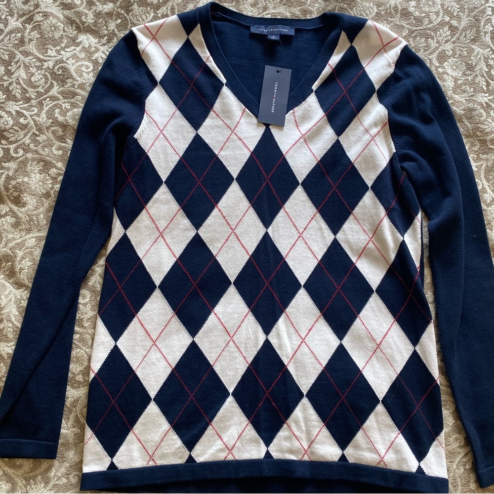 NWT Tommy Hilfiger Argyle V-Neck Sweater